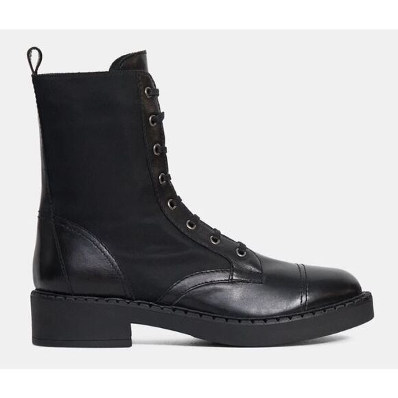 Theory Women's Laced Boot Combat Nylon Leather Booites Black NIB 598 Sz 40 - Picture 1 of 16